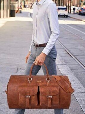 ITIEZY Convertible Garment Duffel Bag Cognac Faux Leather Weekender Carry-On